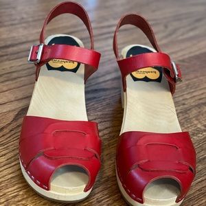 Like New Swedish Hasbeens red peep toe clog size 40